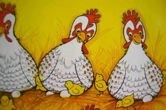 Vintage Print Farmyard Hen Chickens Childrens Book Page Retro Brown Yellow White