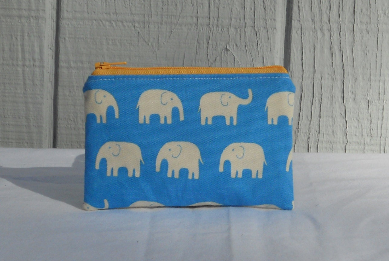 Zipper pouch, blue elephants with light orange zipper