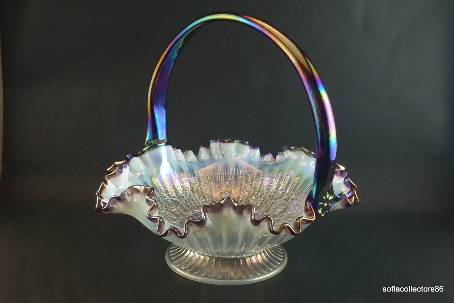 Fenton French Opalescent/Carnival Plum Crest Hearts and Flowers Basket-Bill Fenton signed-C5488 6H (Reserved for bbrimm thru 2-6-14)