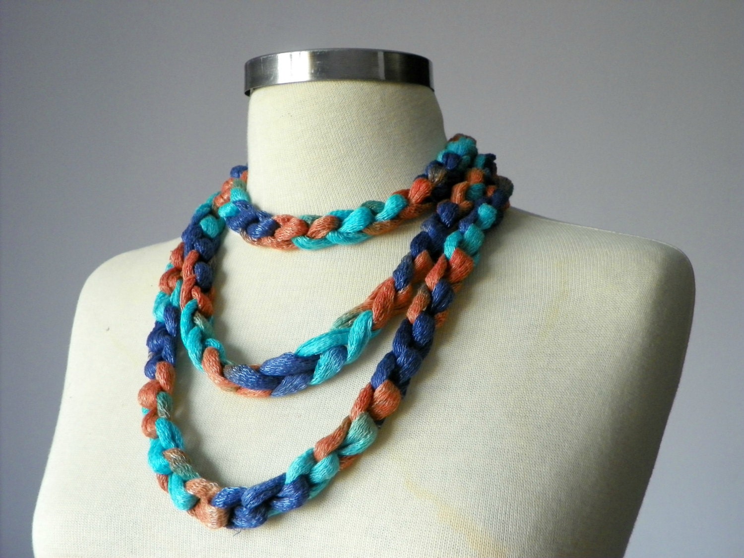 Spring Infinity crochet necklace cotton copper Turquoise dark blue, handmade big chain spring and summer boho women accessories