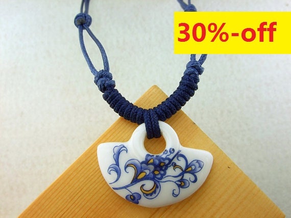 30%-off Ceramic pendant necklace jewelry Original broken china enamel choker necklace Blue flower fan porcelain necklace