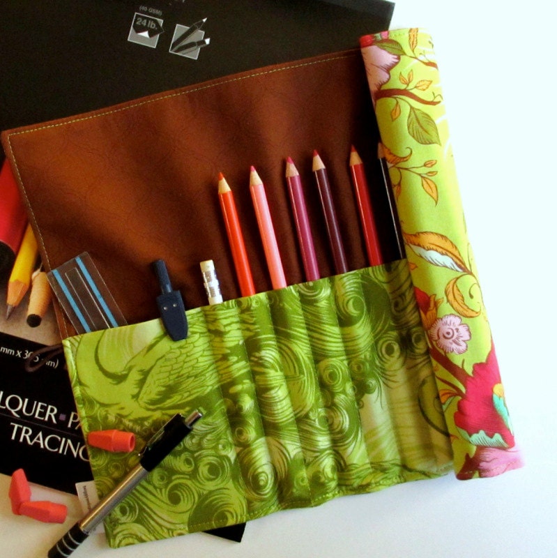 Pencil Roll, Art Organizer Roll-Up, Tula Pink Plume, Floral