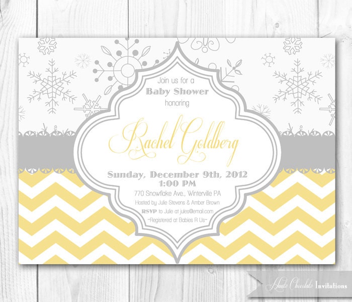 Snowflake Baby Shower Invitation in Yellow & Gray. DIY Printable Winter Bridal Shower, Baby Shower or Birthday Invitation. Il_570xn