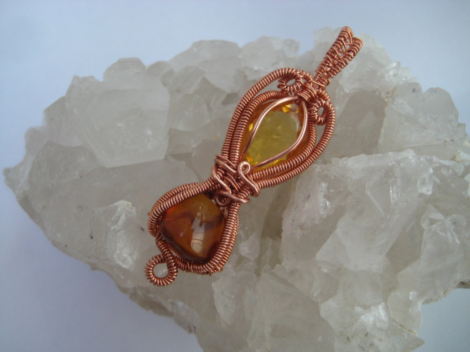Citrine and Amber Pendant / Wire Wrap / Crystal Jewelry / Warm Colors / Copper / Art Jewelry / Small Wire Wrap Pendant
