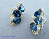 Vintage Blue Kramer Rhinestone earrings Designer signed 1960s Jewelry