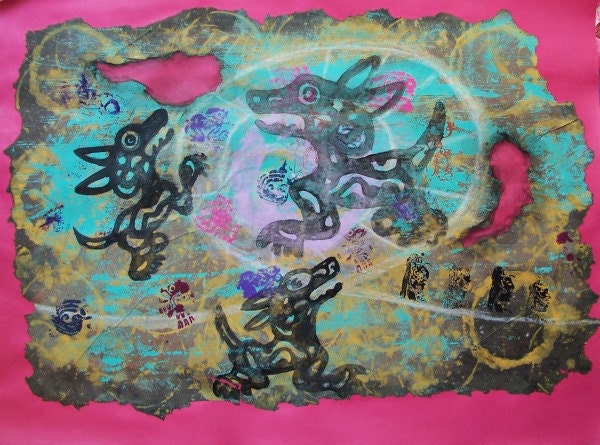 Modern decor original art Blue Pink  Aztec dogs with Moon circles and geometrical shapes mixed media recycled paper home office decor