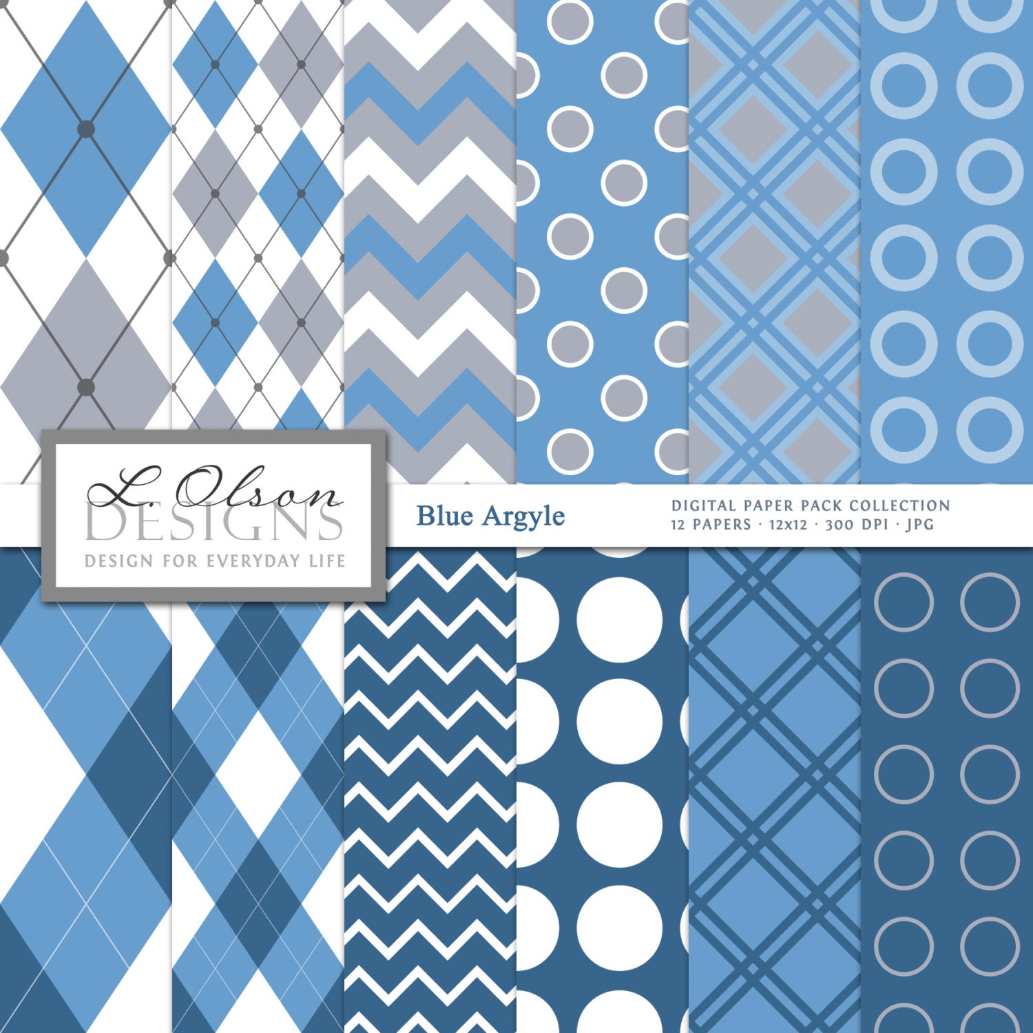 Blue Argyle Paper Pack - 12 digital paper patterns - INSTANT DOWNLOAD