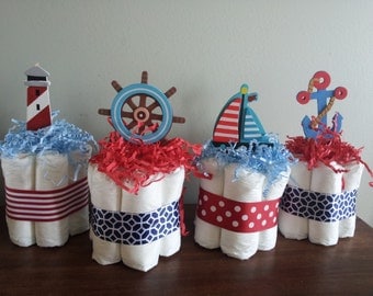 4 Nautical theme mini diaper cakes, baby shower centerpiece