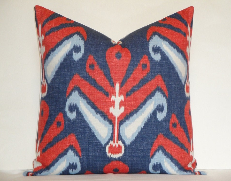 20 x 20 or 18 x 18 - IKAT- Duralee - Decorative Pillow Cover - Coral/Red - White - Blue - Americana - John Robshaw