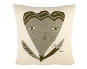 Large wool / leather pillow - Garden Friend 23"x23"