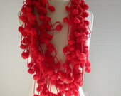 Hand Crochet Red Pon Pon Scarf, Lariat, Cowl, Winter Accessories, Fall Fashion, Chunky