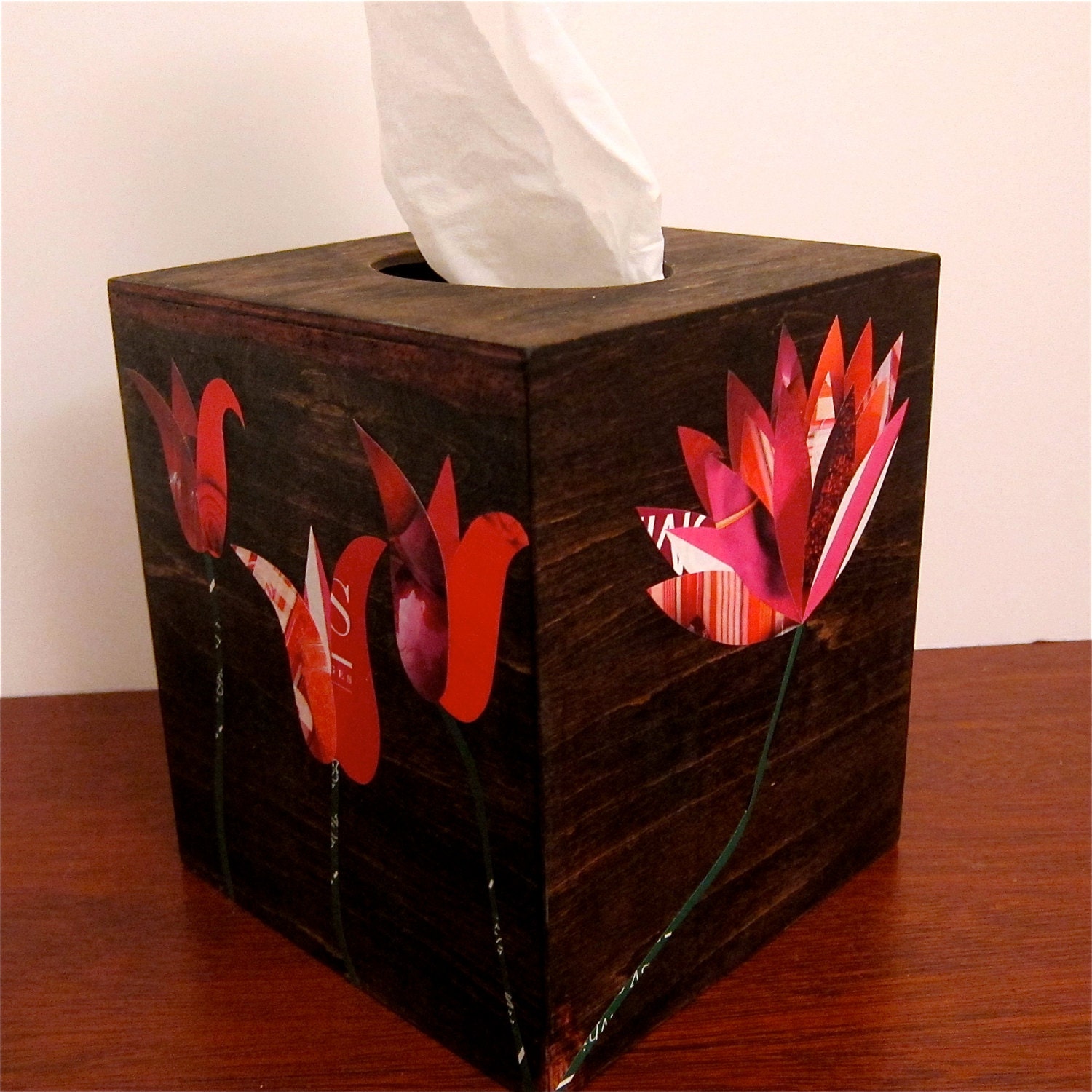 Tissue Box Cover Wood with Paper Decoupage Flower by LaraLeib
