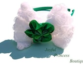 SALE Chiffon Bow Emerald Green Satin Covered Bow Headband With Satin Flower and Shamrock Center