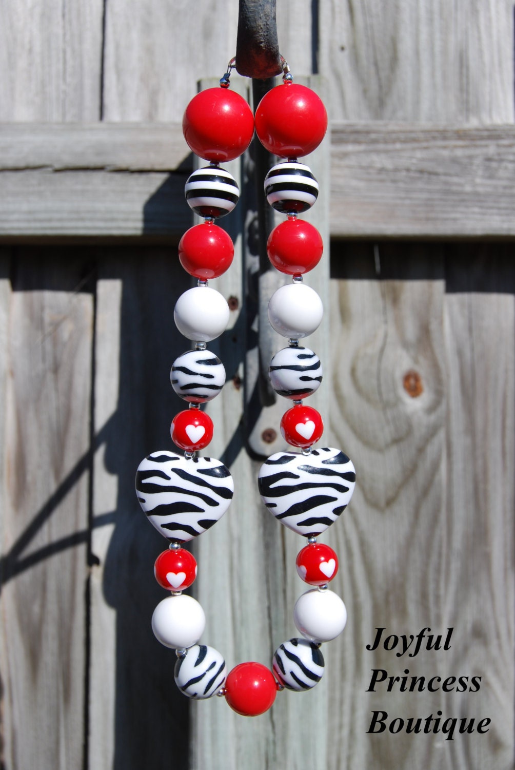 Wild Thing Zebra Chunky Beaded Necklace in Red, Black, and White Featuring Zebra Heart Beads