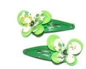 Green Butterfly Snap Clip Set with Rhinestone Centers