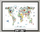 Animal Map of the World Map for children and kids, Art Print, 24x36 inch (61)