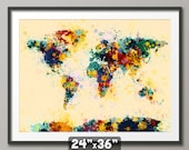 Paint Splashes Map of the World Map, Art Print 24x36 inch (118)