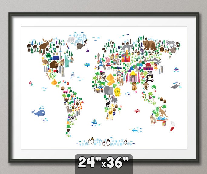 Animal Map of the World Map for children and kids, Art Print, 24x36 inch (61)
