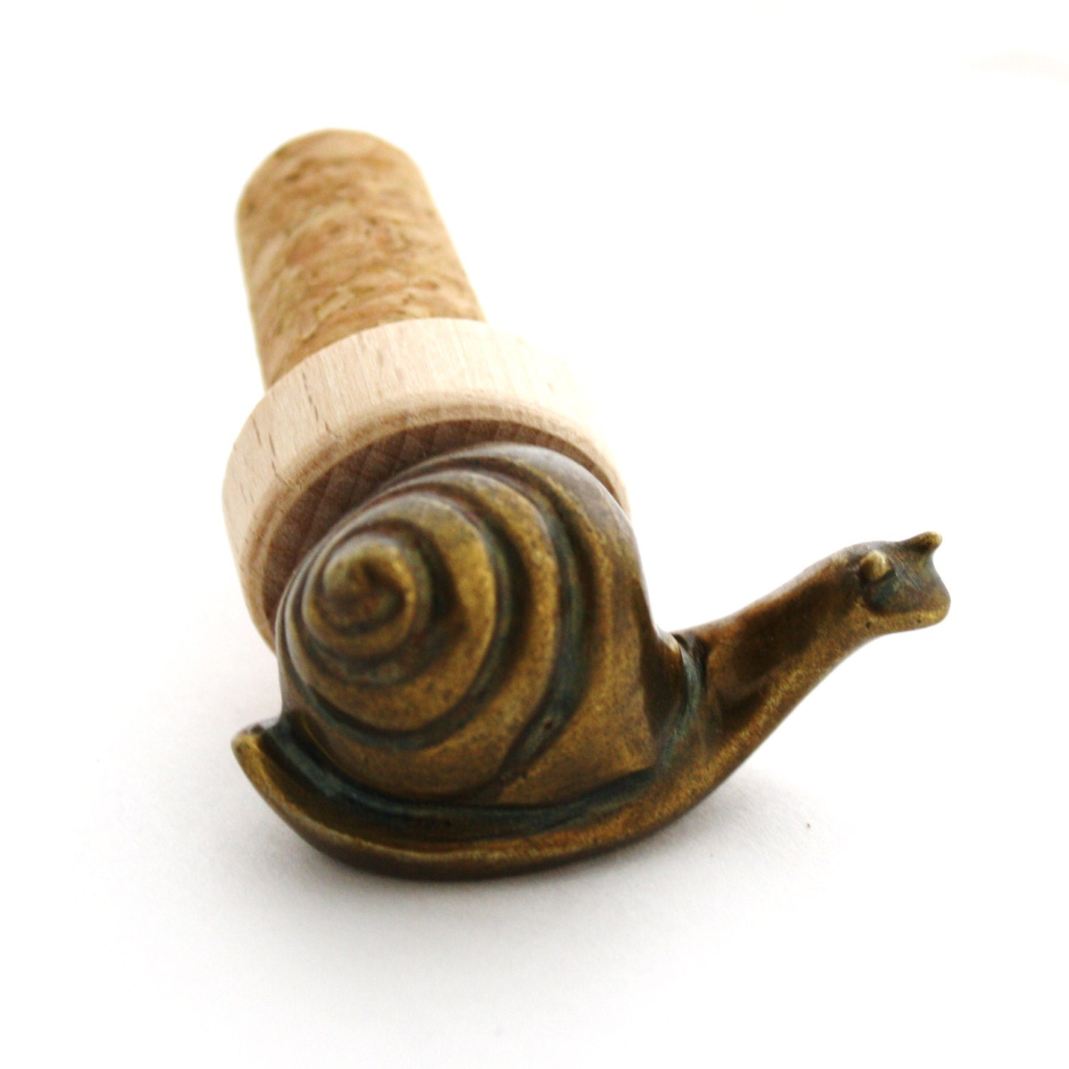 Wine Stopper- Brass snail and new cork. Nature kitchen decor. Unique hostess gift idea under 25 by milk and honey