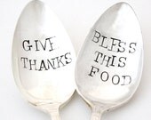 Bless This Food and Give Thanks, hand stamped serving spoons. Vintage silverware. As Seen in Pimlico Magazine