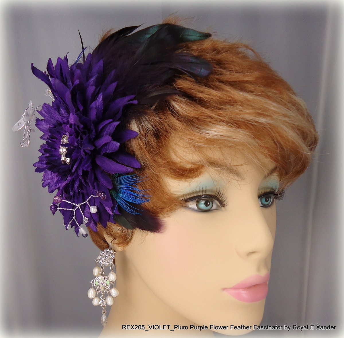 Plum Purple Flower Feather Fascinator Wedding, Bridal, US Shipping included