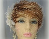 French Style Bandeau Style Birdcage Veil - Adorned with White or Ivory Pearls