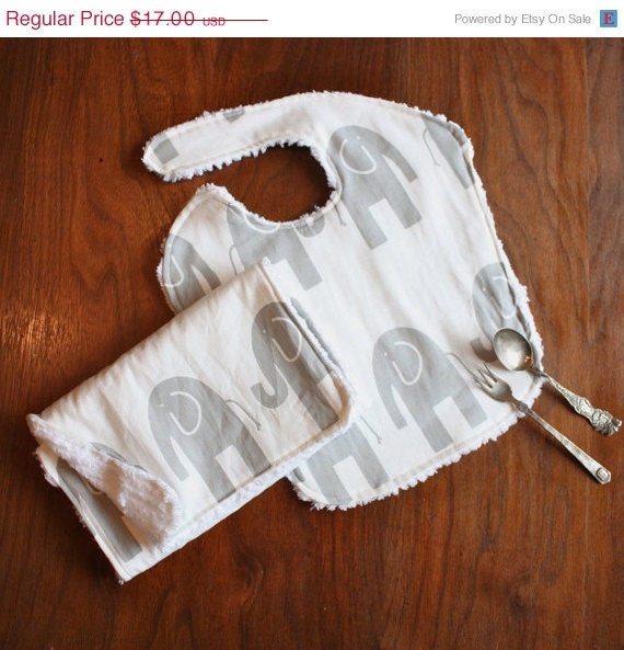 ON SALE Gray and White Elephant Bib and Burp Set // Baby // Gift Set