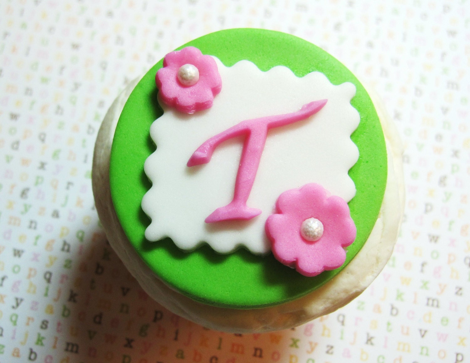 Monogram fondant cupcake topper with flowers pink and green with letter age number initial Il_170x135