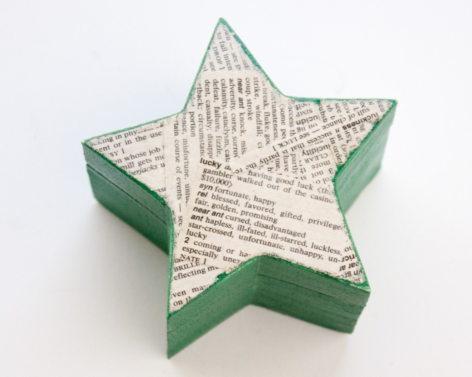 Stars & Maps Green Lucky Irish Box - wooden star box decoupaged with lucky thesaurus entries