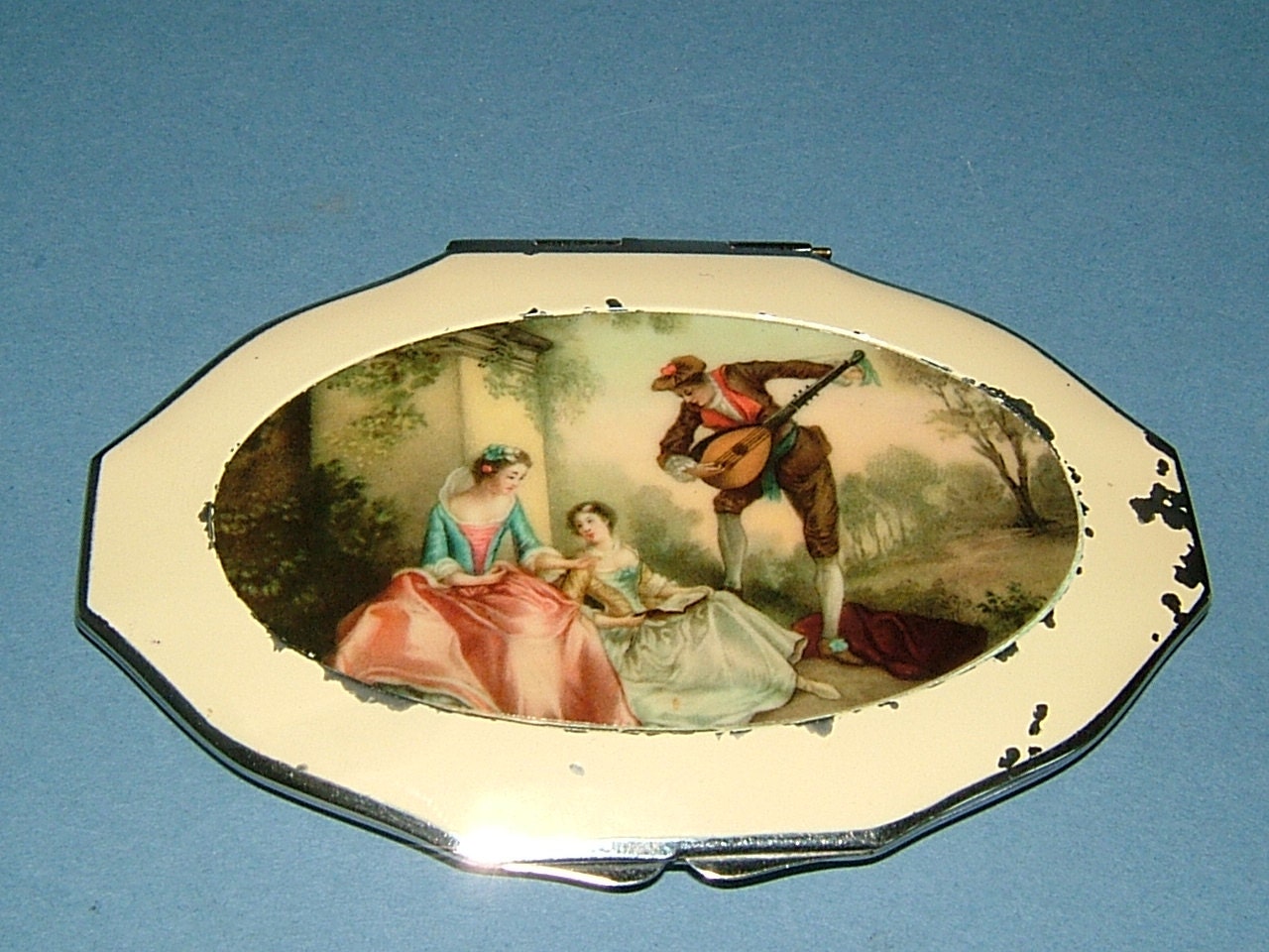 1920s ROWENTA Compact Enamel Over Silver Metal - with Romantic Scene - Made in Germany