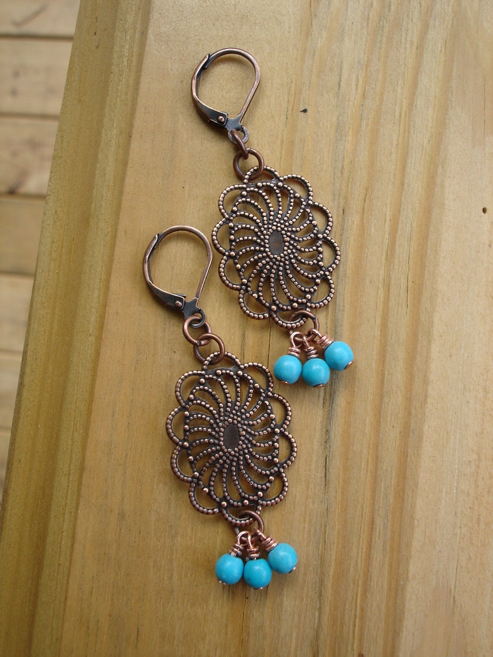Copper Oval Filigree Dangle Boho Leverback Earrings with Turquoise
