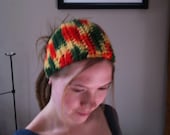 Rasta Adjustable Crochet Headband Head wrap with Red Button