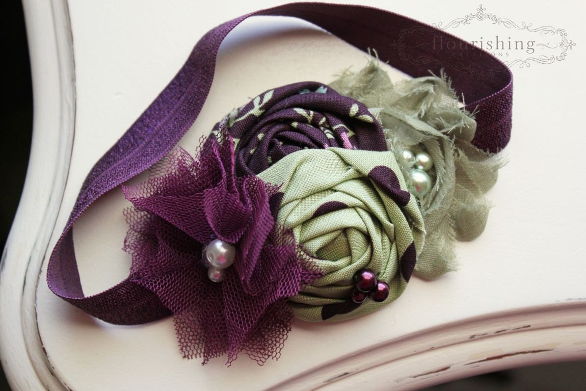 Eggplant Purple and Sage Rosette headband, purple headbands, newborn headbands, flower headbands, sage headbands, photography prop