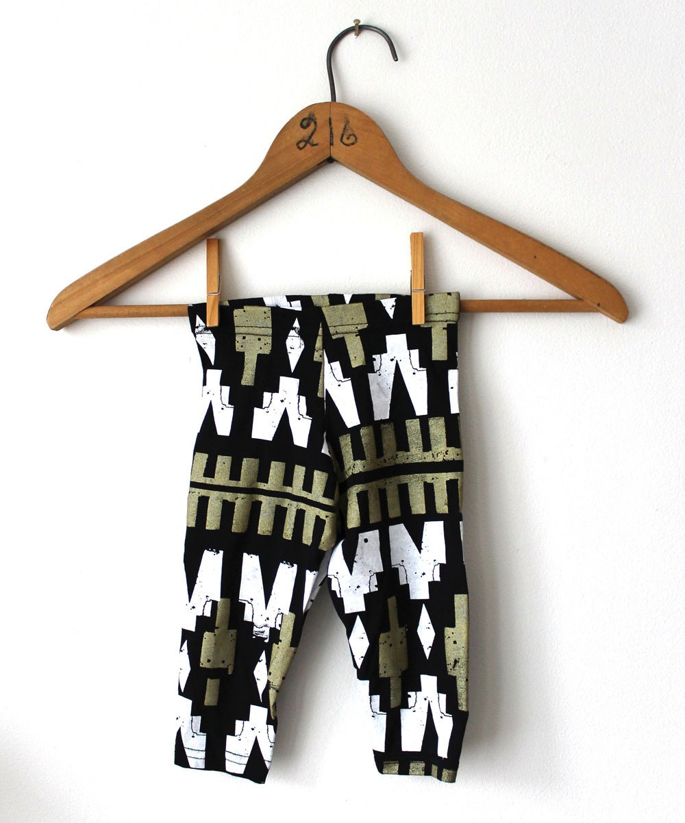 Hand Printed Organic Byzantine Leggings in Gold and White on Black