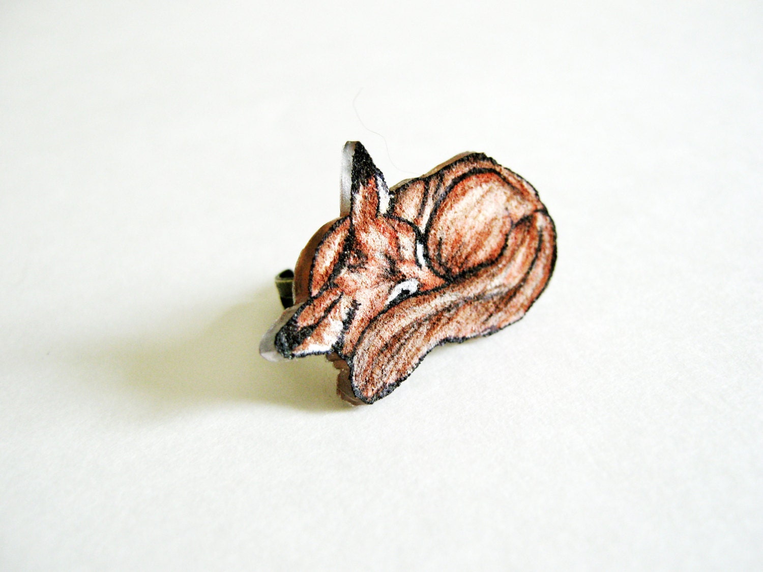 Fox Ring / Shrink Plastic Ring / Sleeping Animal / Woodland Charm / Burnt Orange / Copper / Wearable Art