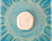 TIDE POOL - A mixed media original painting on a small wood art panel featuring watery pastel colors and a real sand dollar embellishment.