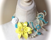 SPRING Flower Brooch Pearl Wedding Statement Necklace in Yellow, Cream, Turquoise & White Jewelry by ZILLAS QUEEN