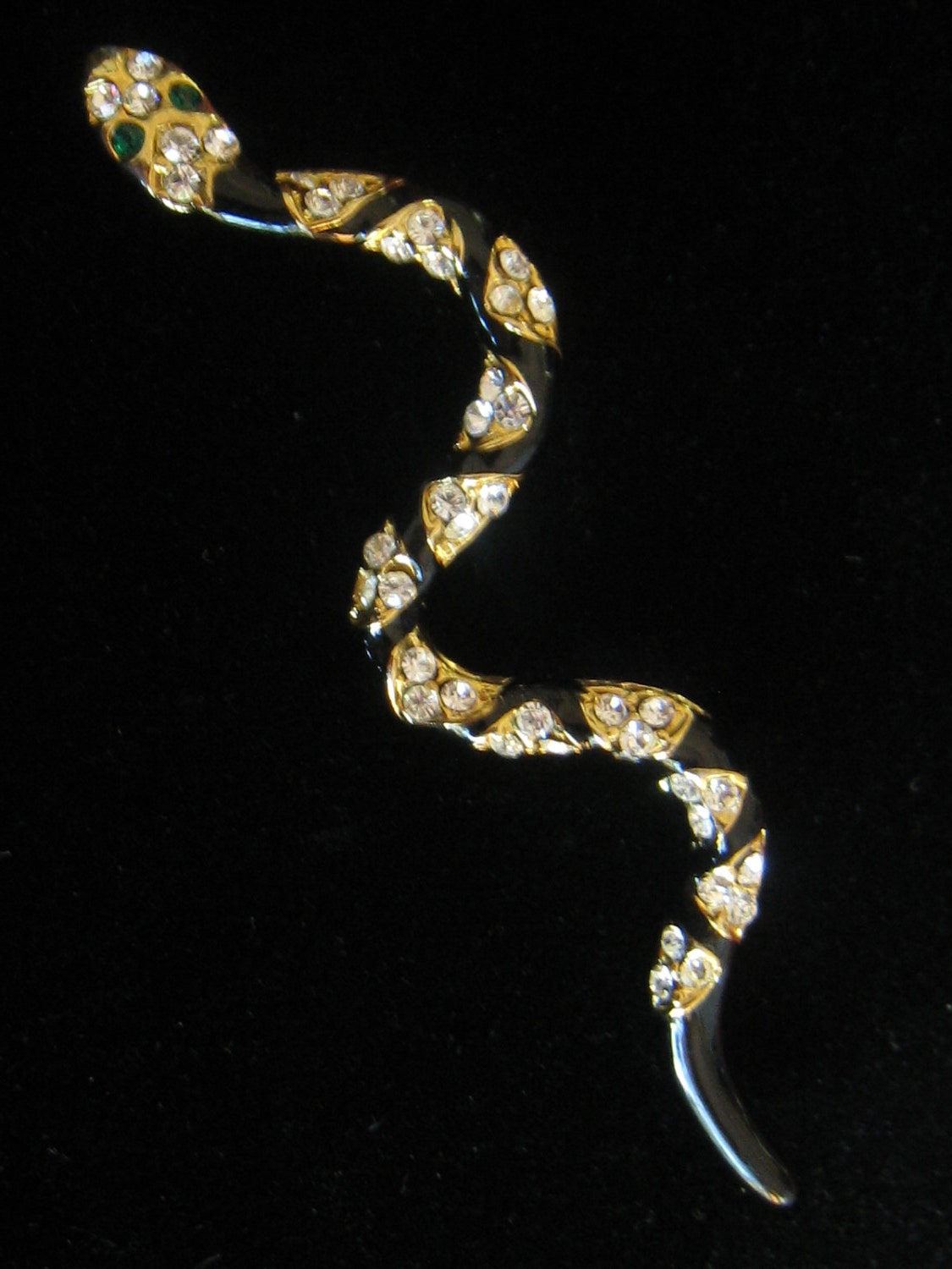 SALE Vtg Brooch Art Deco Revival Style Snake with Rhinestones & Black Enamel.   Emerald Green Eyes