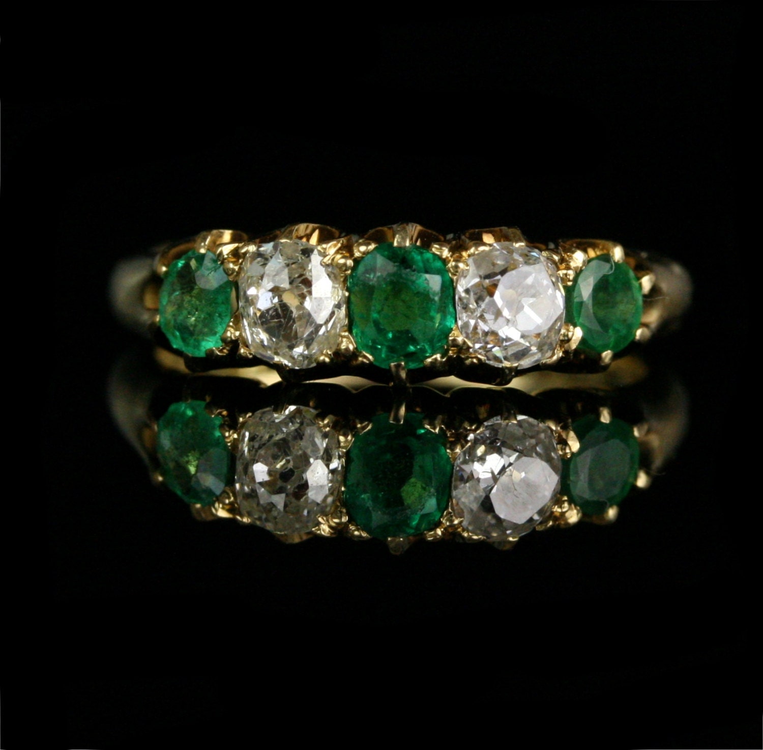 Victorian 18k Gold Diamond and Emerald / 5 Stone Engagement Ring /  1.4 Carats