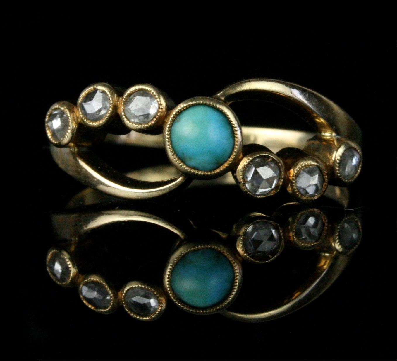 Edwardian 18k Gold Diamond and Turquoise Engagement Ring /  Eternity Crossover