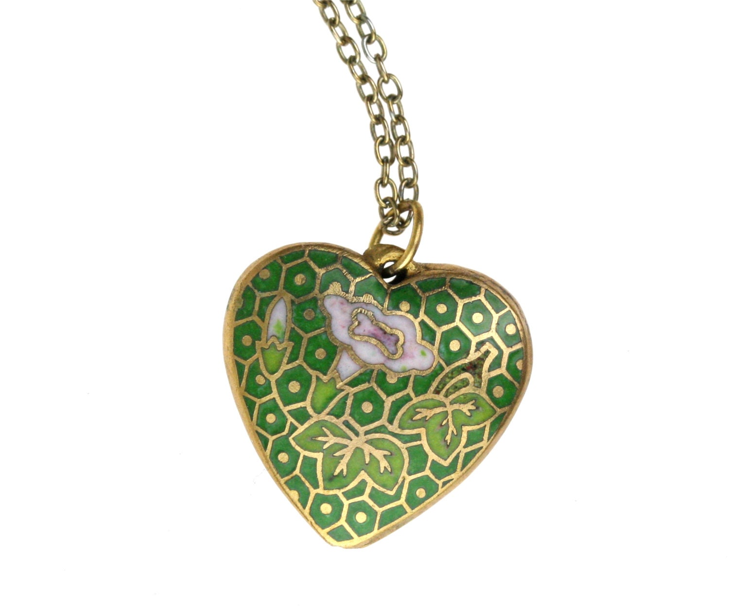 Vintage 1930s Puffy Cloisonne Heart Necklace / Green Floral Enamel / Gold Fill Chain