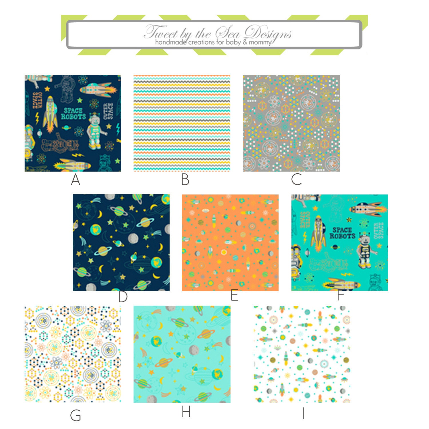 Custom 4 piece Nursery Set (Bumper Pads, Crib Sheet, Crib Skirt, & Changing Pad Cover in Atomic Bots)