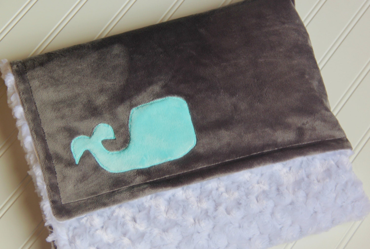 Grey Minky Whale Blanket, Ready to Ship, Grey and White Double Sided Minky Whale Blanket, Grey and Aqua Baby Blanket