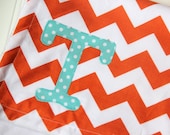Orange Chevron Baby Blanket with Monogram, Orange and Aqua Baby Blanket