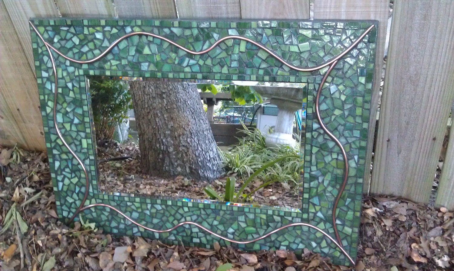 Mosaic Mirror - Beautiful Green Stained Glass Rectangle Mosaic Art Mirror with Copper Wire Design