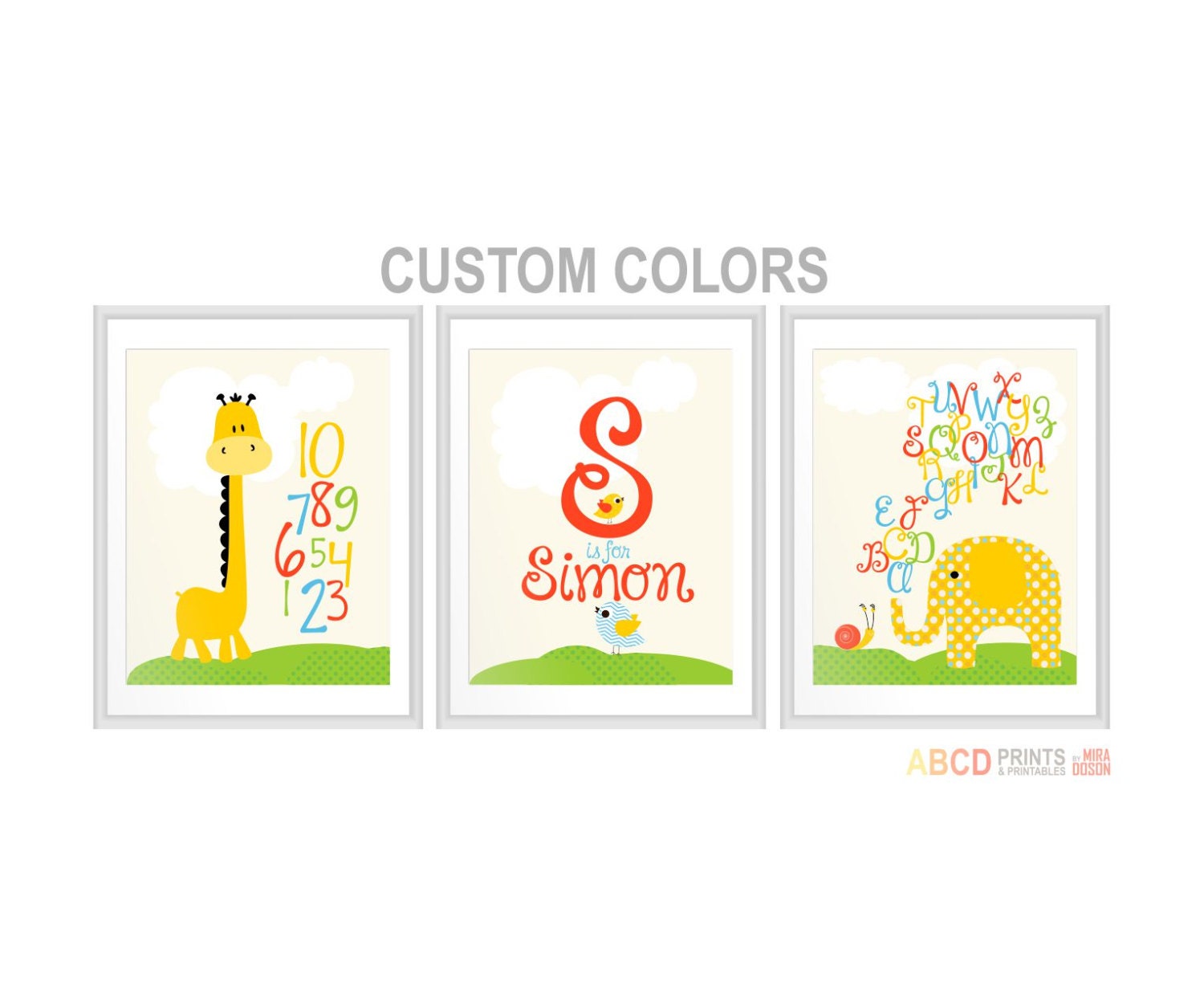 Personalized nursery art Alphabet and numbers, Elephant, Giraffe, Birds. Set of 3 11x14 CUSTOM COLORS