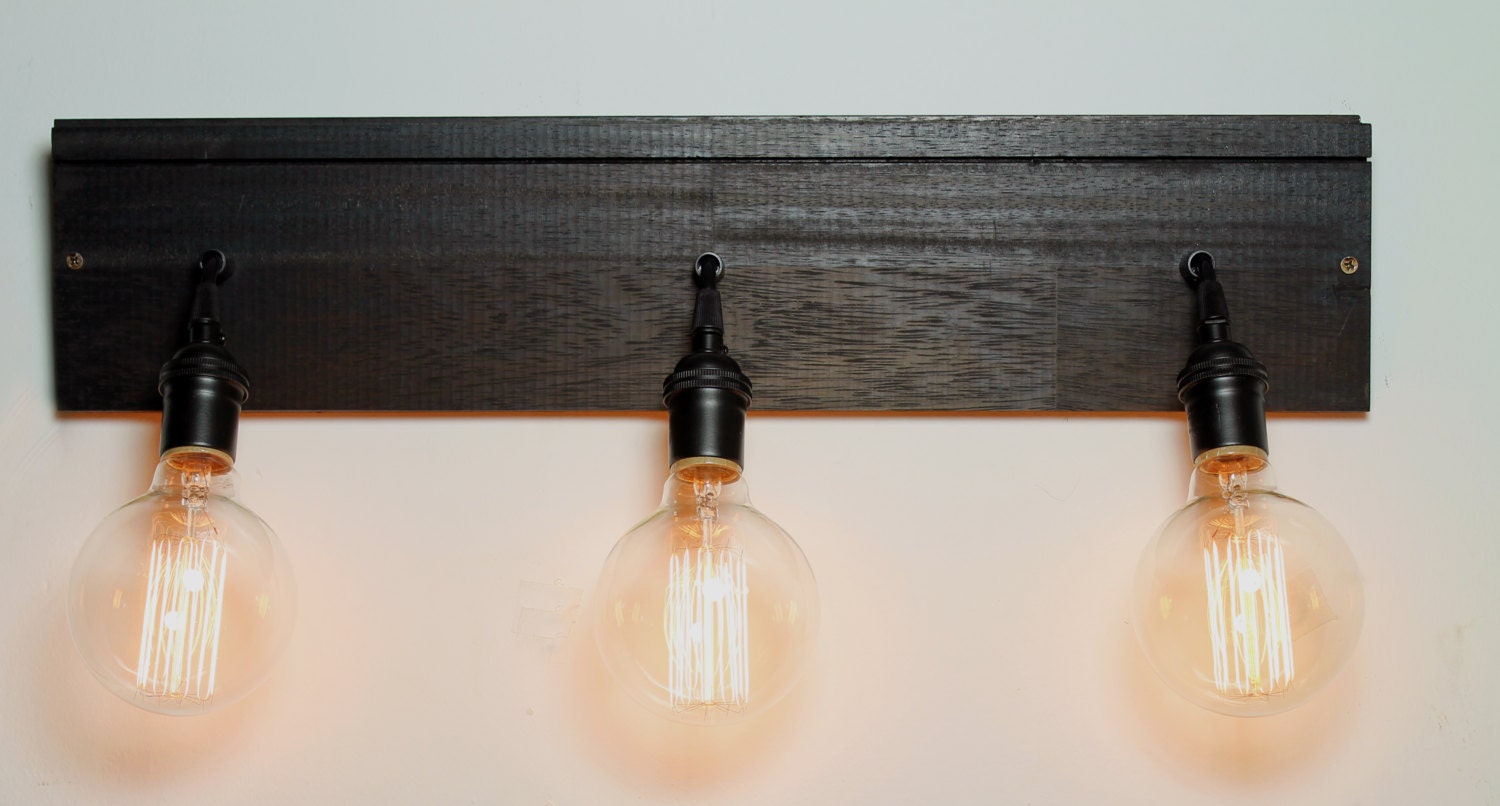 3-bulb Industrial Sconce with Edison bulbs made from salvaged hardwood floor