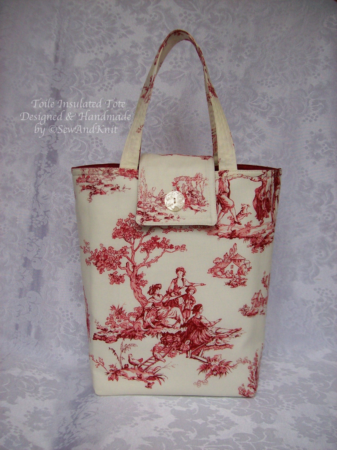 Toile Insulated Tote, Lunch Bag or Purse in Shades of Red, Burgundy & Cream Cotton Toile Fabric