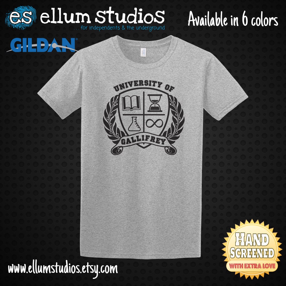 University of Gallifrey Crest Screen Printed Unisex Tee. 6 Colors Available. Printed With Eco Friendly Water-Based ink on Lightweight Tees.