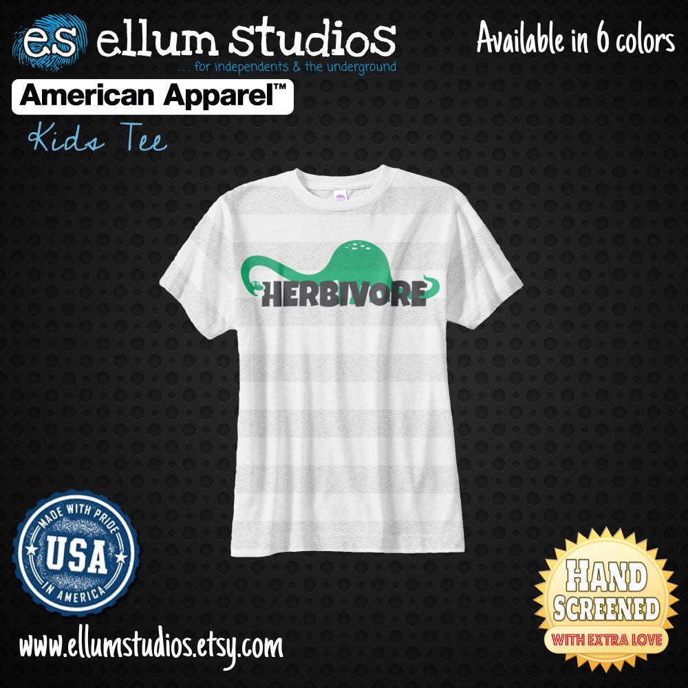 Kids, Herbivore Dino, Screen Printed American Apparel Fine Jersey Tee. Available in 6 Colors.
